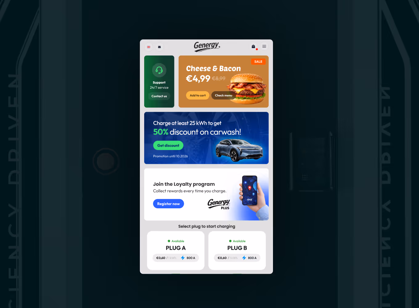 Charger screen presenting offers and information in a tiled grid layout