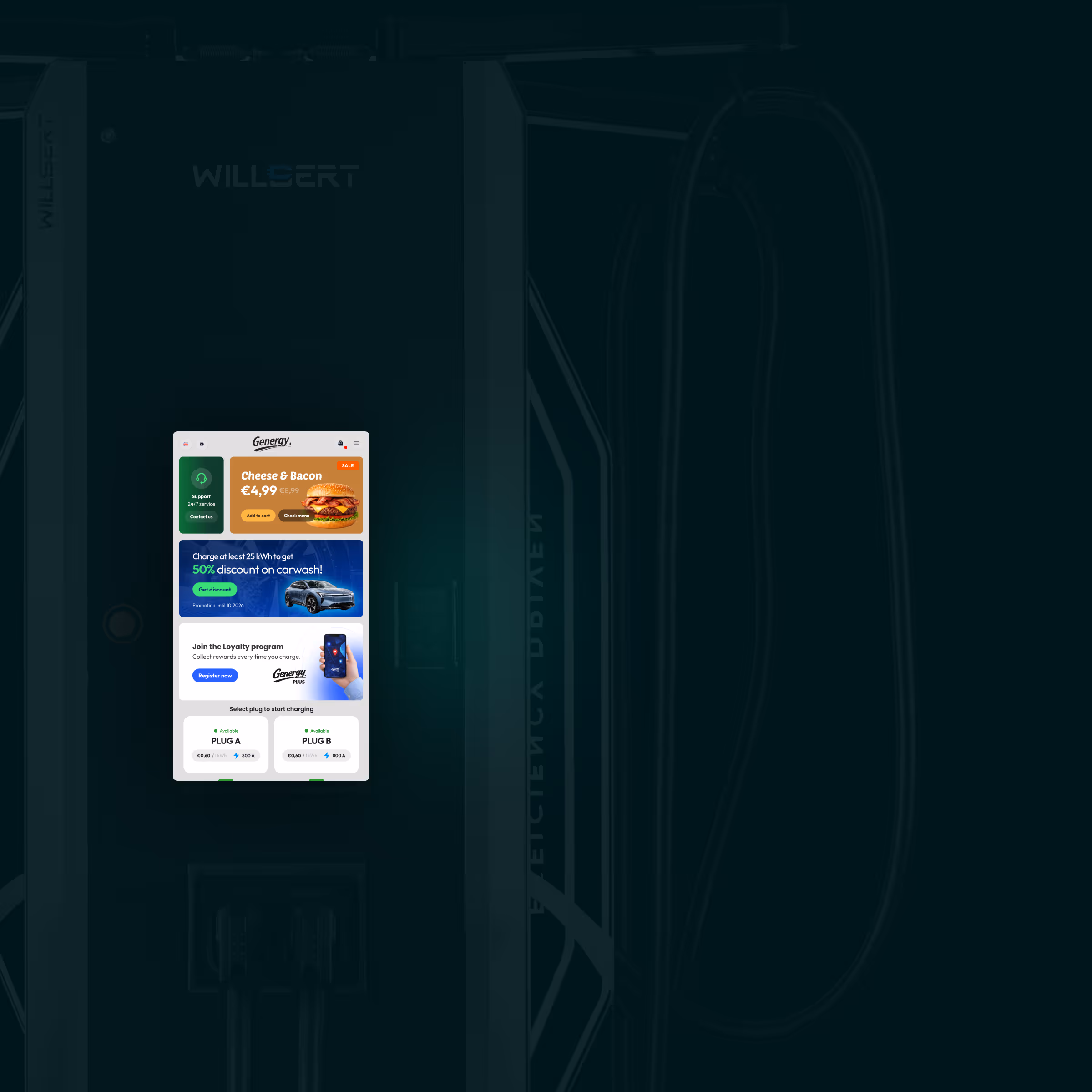 Charger screen presenting offers and information in a tiled grid layout