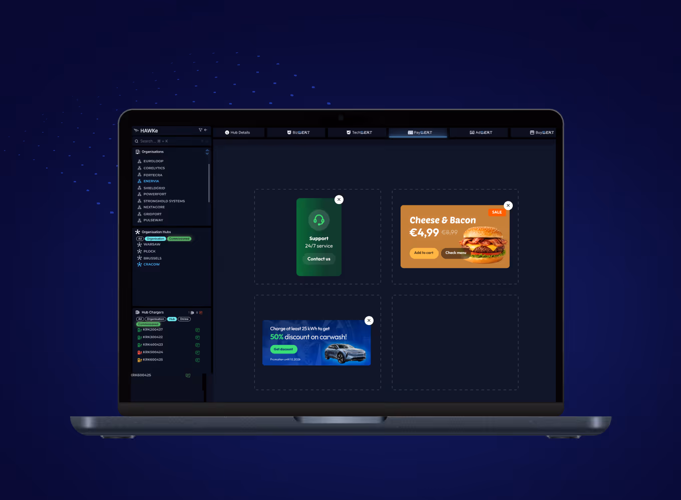 Dashboard arranging promotional and informational tiles in the charger grid
