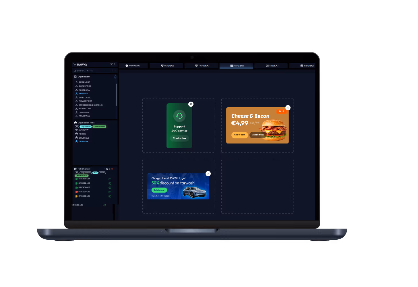 Dashboard arranging promotional and informational tiles in the charger grid