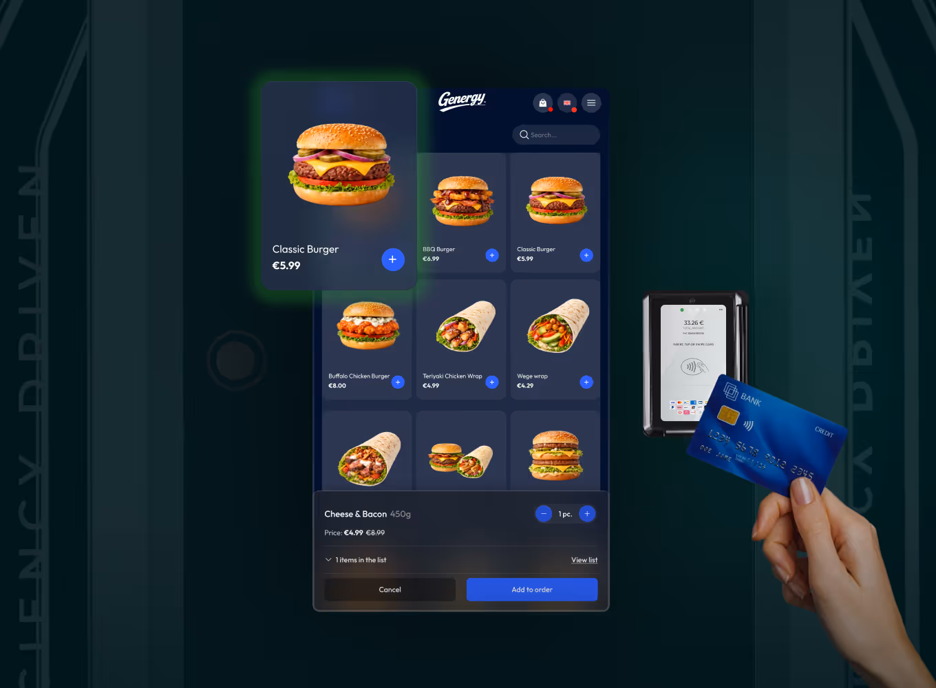 Charger screen showing a retail catalogue of snacks and drinks during a session