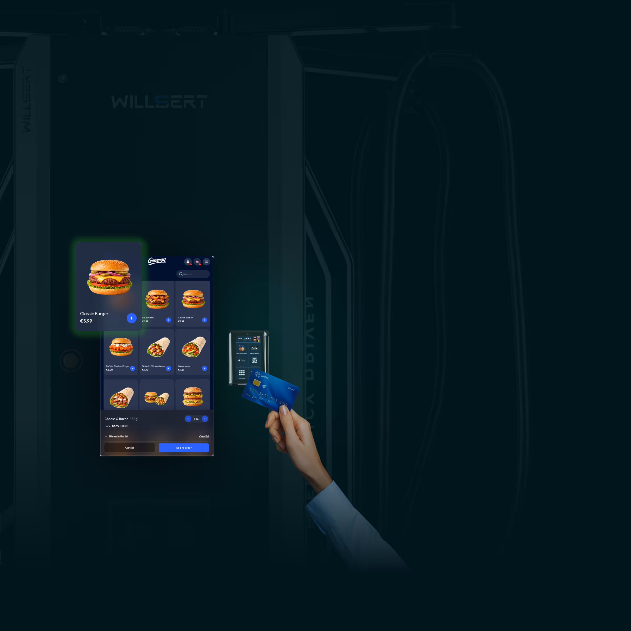 Charger screen showing a retail catalogue of snacks and drinks during a session