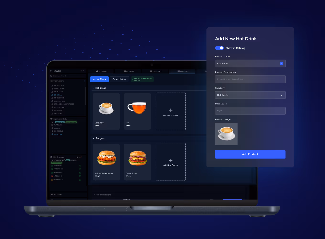 Dashboard managing the on-charger product catalogue, pricing and availability