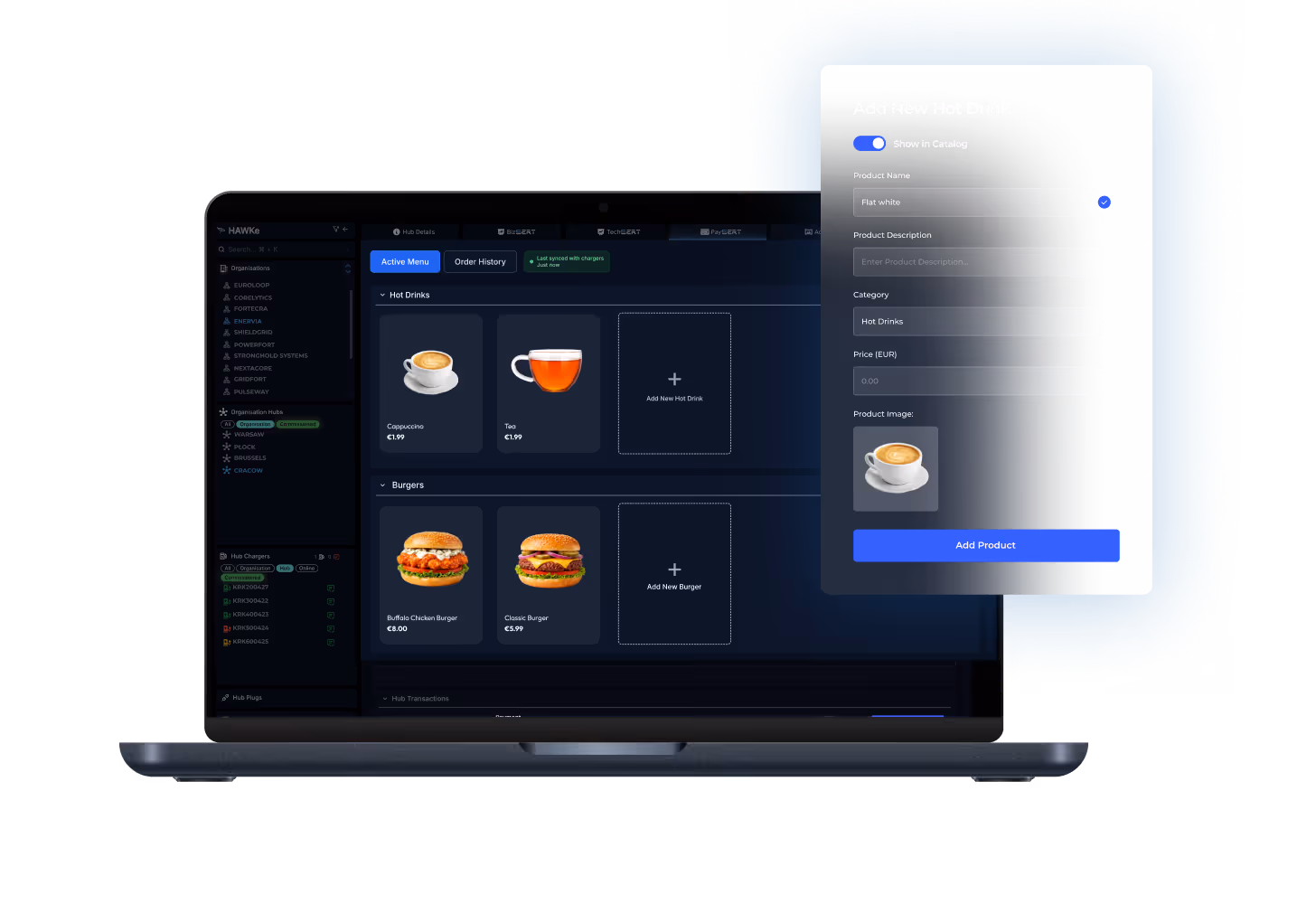 Dashboard managing the on-charger product catalogue, pricing and availability