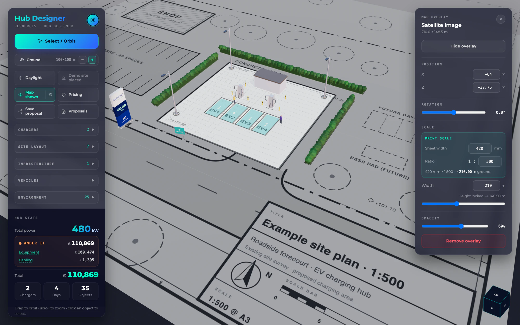 Edytor Kreatora hubu z planem terenu w skali 1:500 pod układem 3D ładowarek i stanowisk